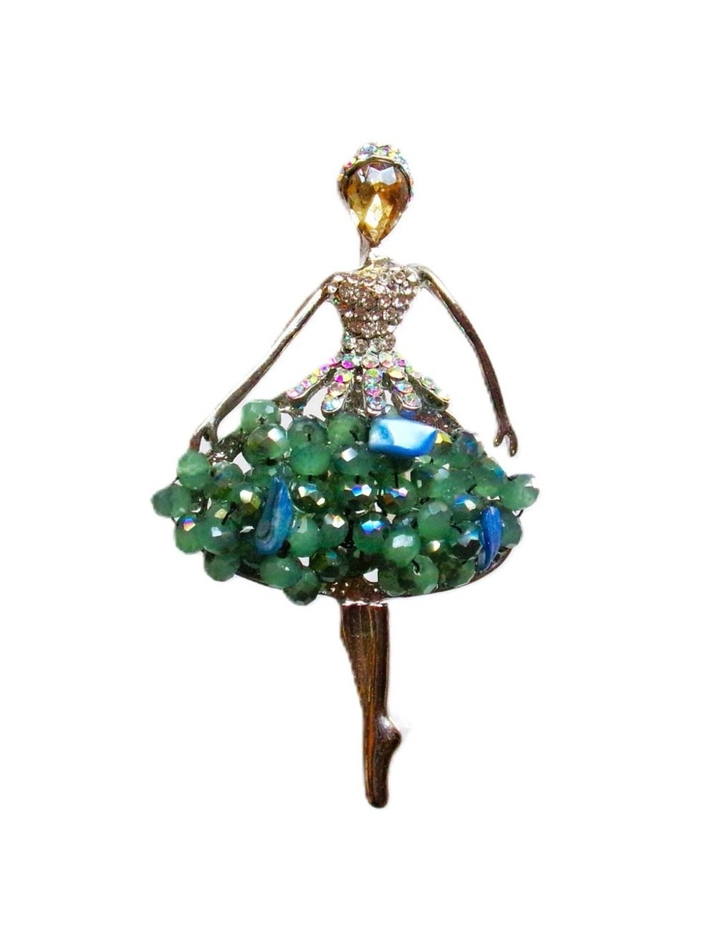Green Crystal Ballerina Brooch Pin - Elegant Women Jewelry New